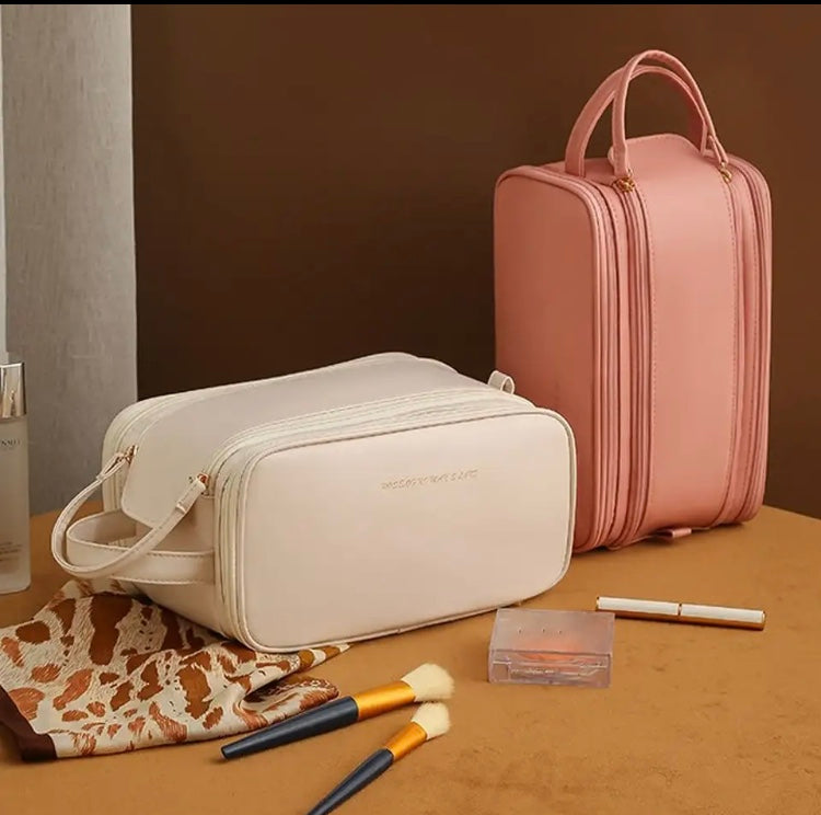 3 Layer Cosmetic Bag, Portable Folding Large Capacity Makeup Bag, Double Zipper With Handle Storage Organizer 3 Layer Cosmetic Bag, Portable Folding Large Capacity Makeup Bag, Double Zipper With Handle Storage Organizer